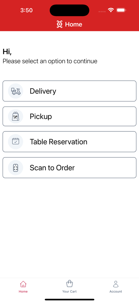 Bosnian House - Bosnian House app home screen showing delivery pickup table reservation and scan to order buttons