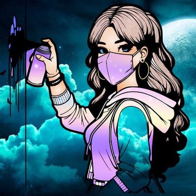 realistic girl with mask spray painting a wall