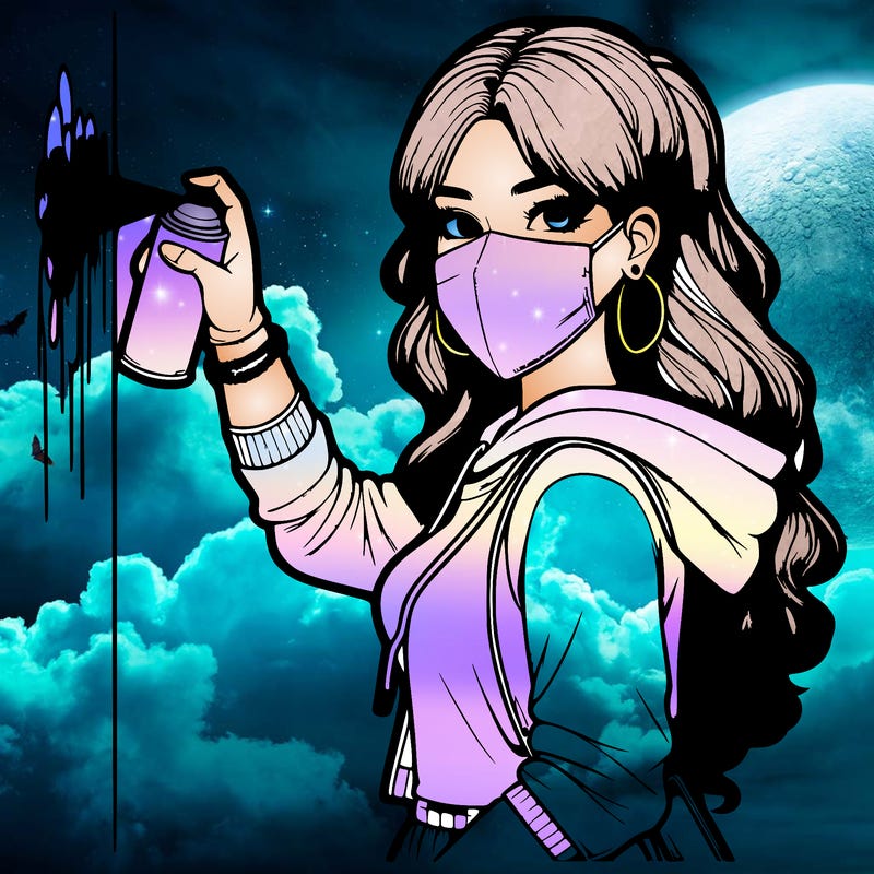 realistic girl with mask spray painting a wall