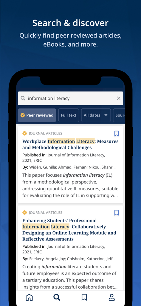 EBSCO Mobile - EBSCO Mobile search interface showing results for information literacy with peer reviewed journal articles.