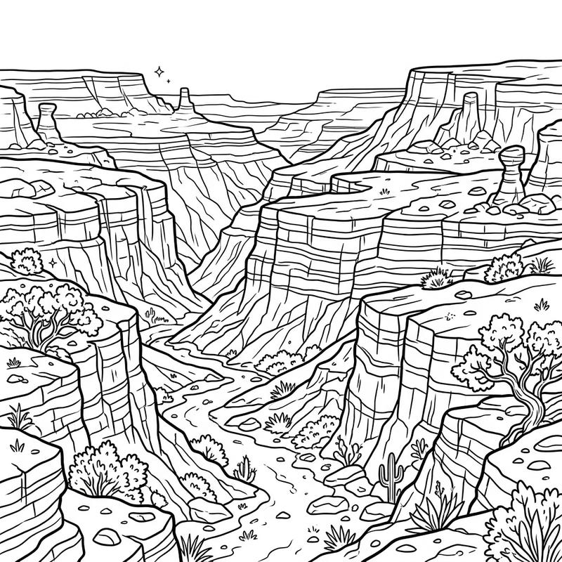 Dive into the breathtaking beauty of nature with this intricate Plateau Valleys coloring page, showcasing dramatic canyons and unique geological formations. Perfect for nature lovers and adventurers, this design invites you to bring the majestic landscape to life with your favorite colors.
