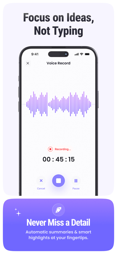 AI Meeting Note Taker - NoteAI - Interfaccia dell'app NoteAI che mostra una registrazione vocale in corso con una forma d'onda viola e il testo Concentrati sulle Idee Non sulla Digitazione