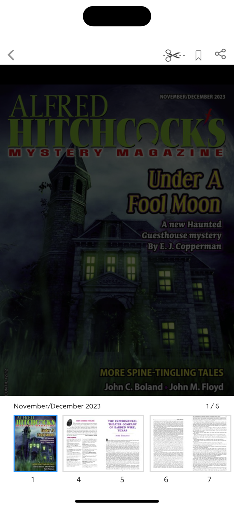 Alfred Hitchcock Mystery Mag - Digital reader interface of the Alfred Hitchcock Mystery Magazine app displaying the November December 2023 issue cover with a haunted house illustration.