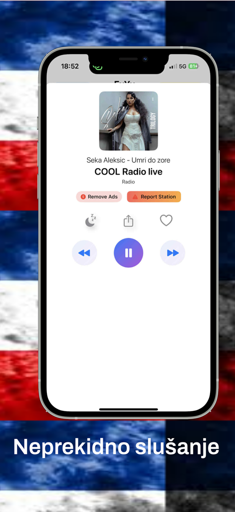 ExYu FM – Balkan Radio - ExYu FM Balkan Radio mobile app music player interface showing live radio playback