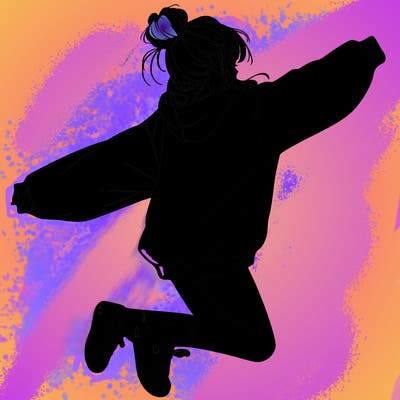 realistic girl jumping with a bun and oversized sweatshirt