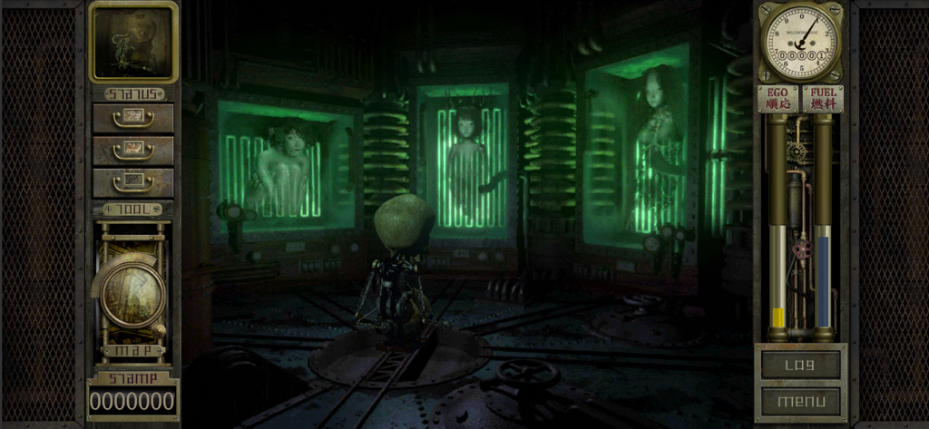 Garage: Bad Dream Adventure - A mechanical creature in a dark industrial room with glowing green biological tanks.