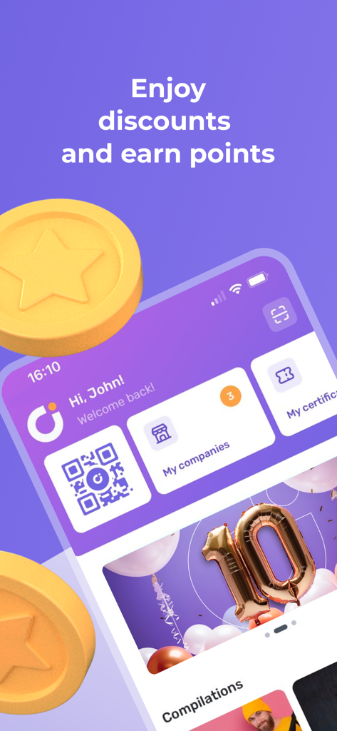 UDS App - UDS App interface showing loyalty points and QR code for discounts