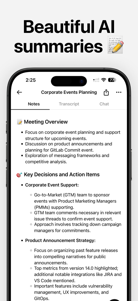 Interface of Flownote AI app showing organized meeting notes with an overview and key action items.