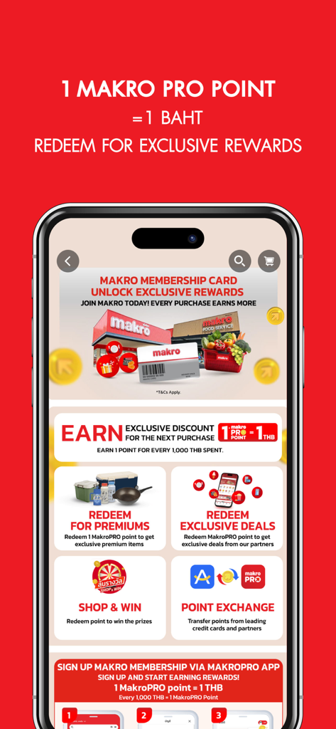 Schermata dell'app Makro PRO che mostra punti fedeltà e opzioni di riscatto di premi esclusivi