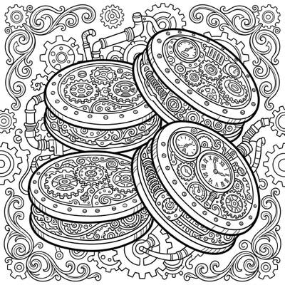 Embark on a unique coloring journey with these delightful steampunk sandwich cookies. Each page features intricate details of gears, clockwork, and metallic designs, promising a truly engaging creative experience.
