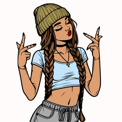 realistic teenage girl with braids and a beanie and crop top doing 🫶🏼