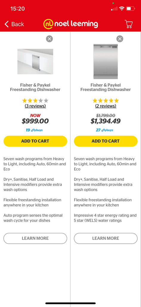 Comparação lado a lado de duas lava-louças Fisher and Paykel no aplicativo móvel Noel Leeming mostrando preços e detalhes do produto.