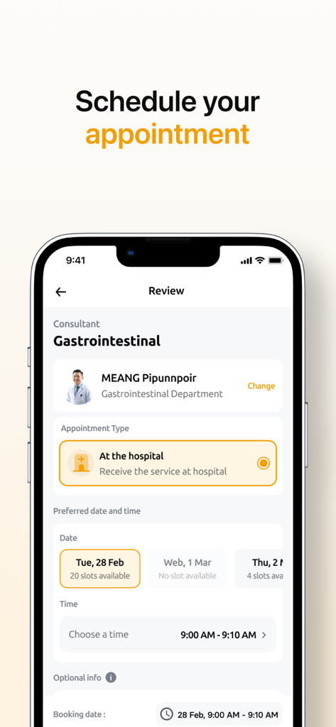 Tela do aplicativo Sunrise Healthcare Service para agendar uma consulta médica mostrando seleção de médico e horários