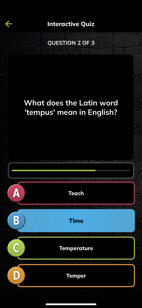 Jigsaw Interactive - A multiple choice trivia question screen within the Jigsaw Interactive app