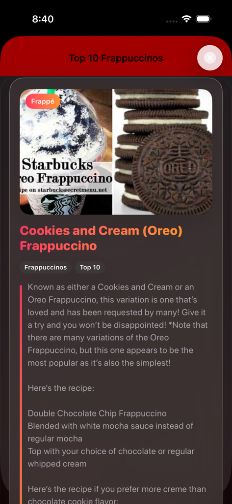A secret menu recipe for a Cookies and Cream Oreo Frappuccino from the Starbucks online community app