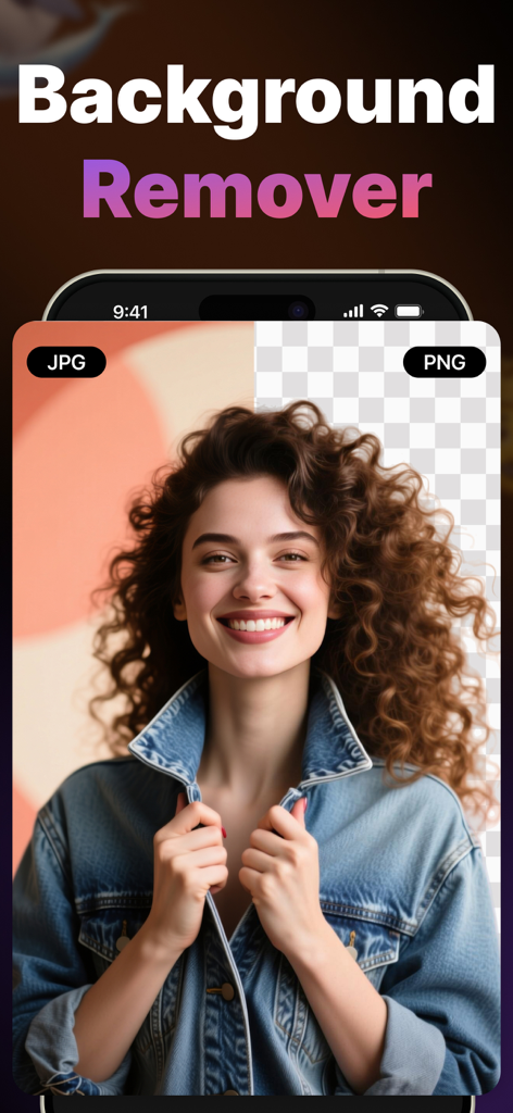 Genmoji - AI Emoji Maker - Un écran partagé montrant un portrait de femme avec son arrière-plan d'origine à gauche et un arrière-plan transparent à droite à l'aide du suppresseur IA.
