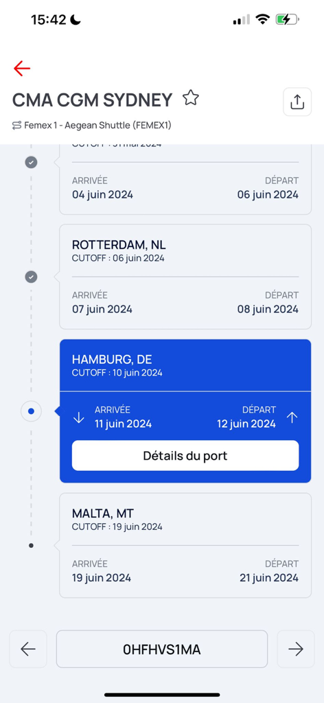 Interface of the CMA CGM app showing a vessel schedule with port arrival and departure dates