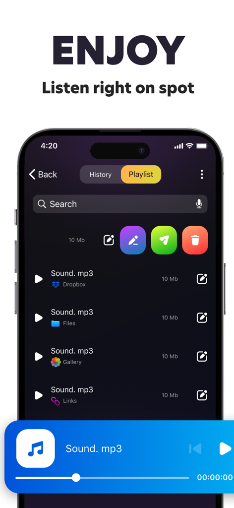 Playlist interface of the MP3 Audio File Batch Converter app showing a list of converted files and an integrated audio player.