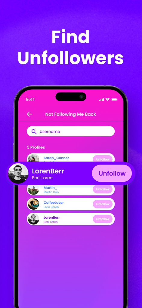 The Followers Unfollow Tracker - A screen from the Followers Unfollow Tracker app showing a list of users who do not follow the user back with an unfollow button