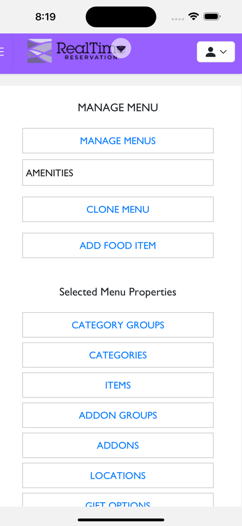 Interface for managing property menus and guest amenities in the RealTime Reservation Manager app