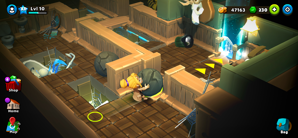 Mystery Town: Adventure games - A character pushing a large boulder to solve a logic puzzle inside a mysterious house in the 3D game Mystery Town.
