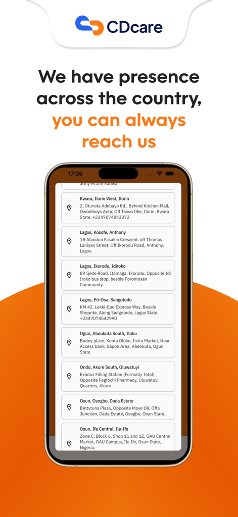 A mobile screen showing a list of CDcare physical office addresses and contact information across different regions.