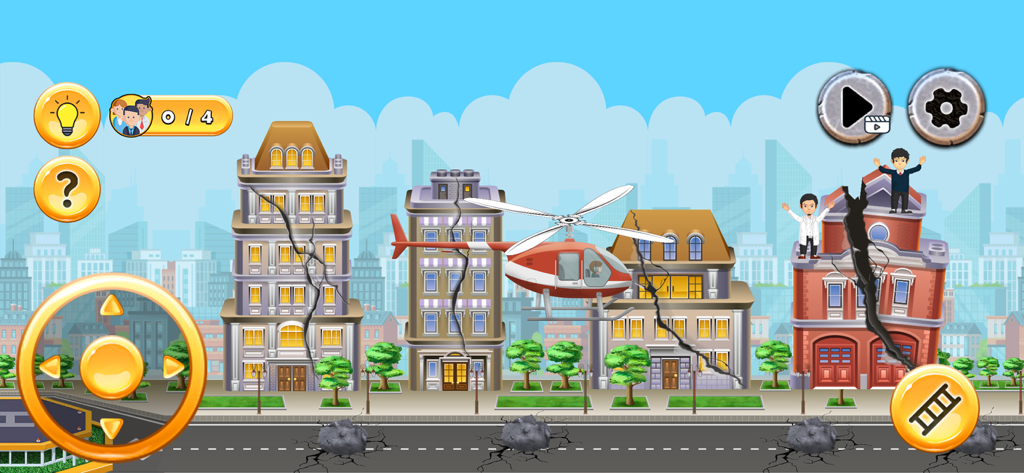 Aid Heli Ambulance Simulator - A red rescue helicopter flying through a city to save people from the rooftops of damaged buildings after an earthquake