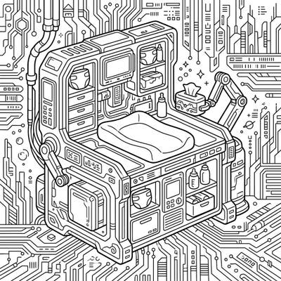 Step into a futuristic nursery with our unique Cyberpunk Changing Table coloring page. This intricate design blends essential baby care with cutting-edge technology, offering a truly original coloring experience.