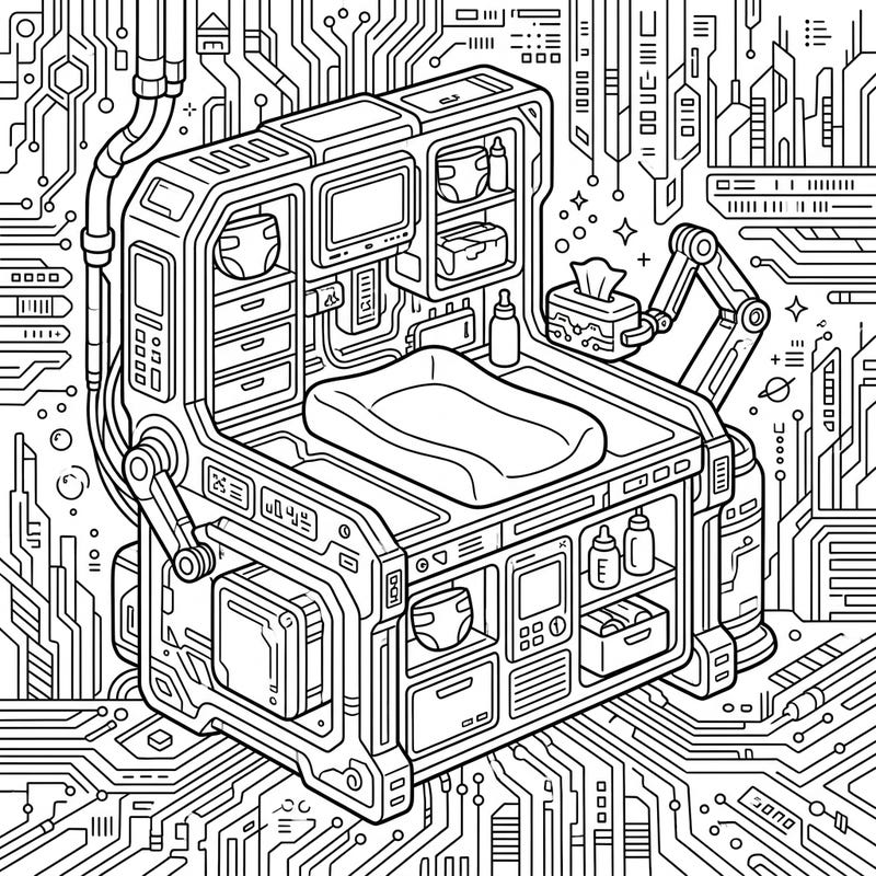 Step into a futuristic nursery with our unique Cyberpunk Changing Table coloring page. This intricate design blends essential baby care with cutting-edge technology, offering a truly original coloring experience.