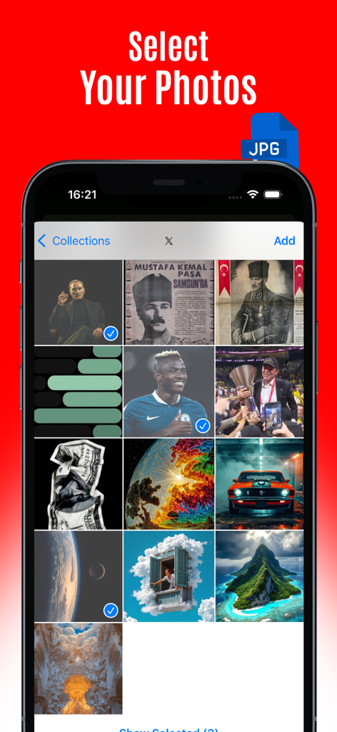 PDF Converter:  PNG to PDF - 複数の画像をグリッドに表示する写真選択画面を示すPDFコンバーターアプリのスクリーンショット
