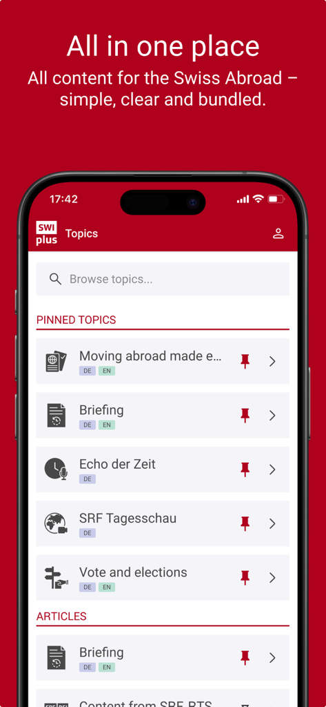 SWIplus from Swissinfo - SWIplus App-Themenseite mit angepinnten Nachrichtenkategorien und Informationen zu Wahlen für Schweizer Bürger im Ausland