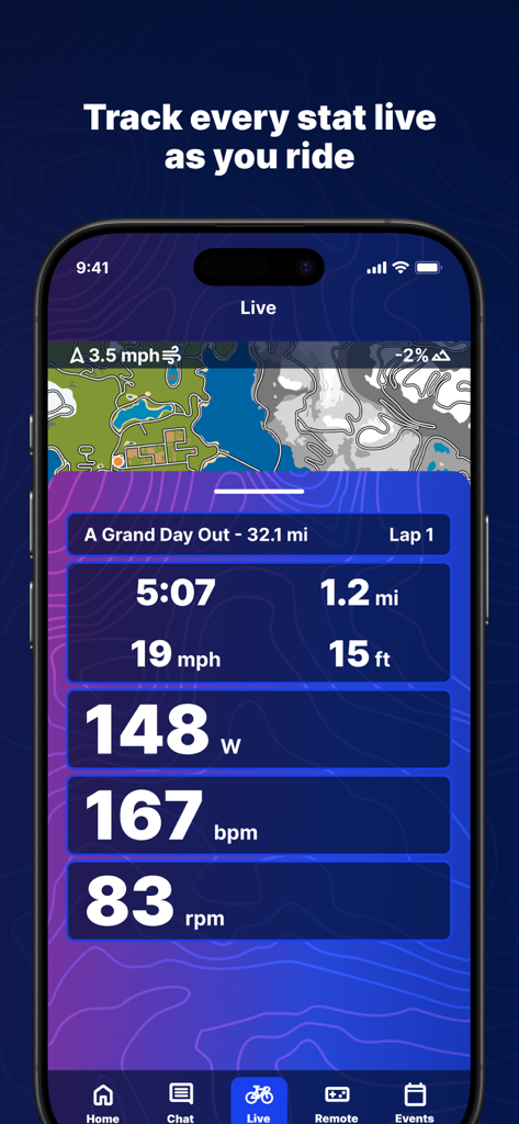 Panel de la aplicación TrainingPeaks Hub que muestra estadísticas de ciclismo en tiempo real, incluyendo potencia, frecuencia cardíaca y cadencia