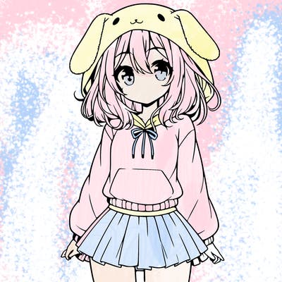 pretty anime girl wearing a fluffy hoodie with bunny ears on the hood and a skirt