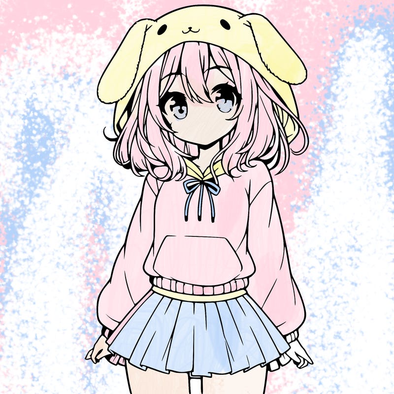 pretty anime girl wearing a fluffy hoodie with bunny ears on the hood and a skirt