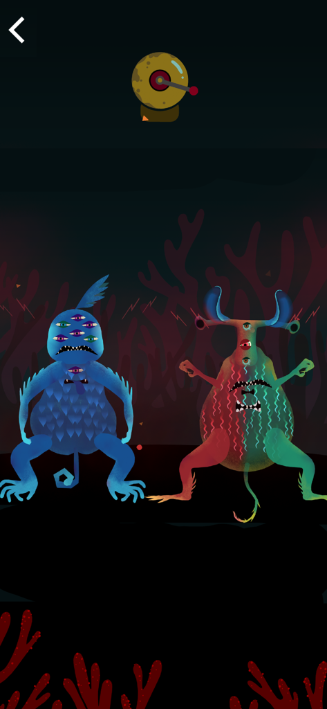 Dos coloridos monstruos personalizados con varios ojos en un entorno ilustrado oscuro