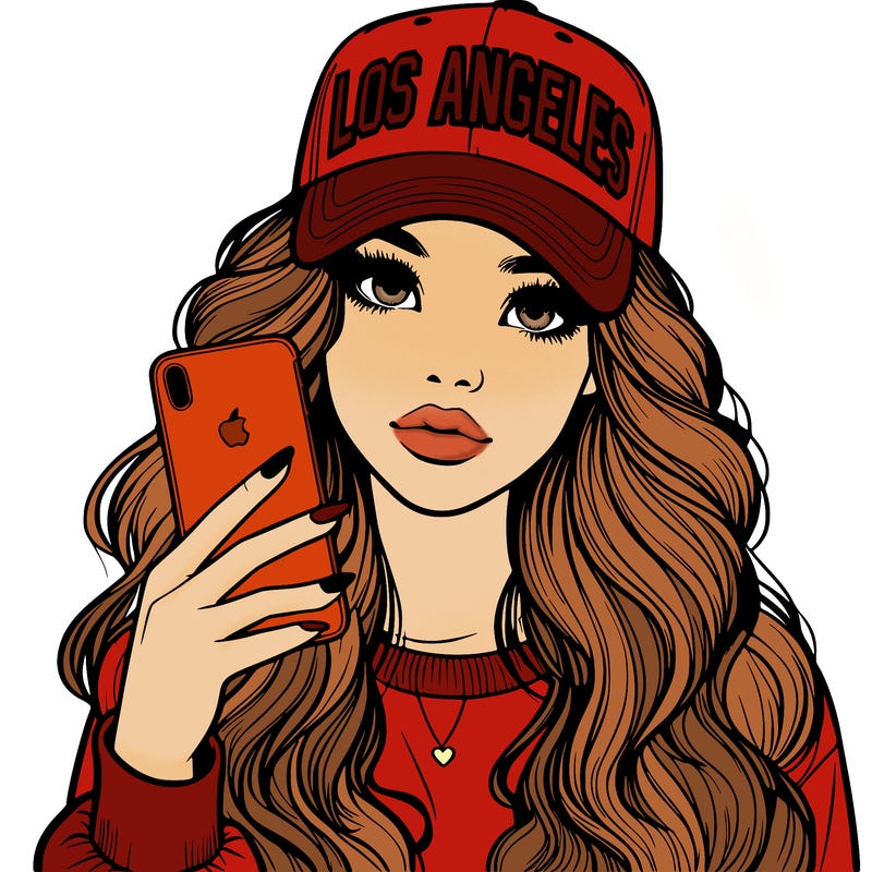 realistic beautiful girl wearing los ángeles cap holding an iphone