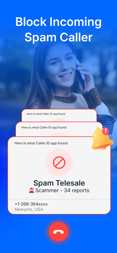 Caller ID - Spam Call Blocker - 뉴욕에서 온 스팸 텔레세일 사기로 식별된 수신 전화를 보여주는 스마트폰 인터페이스 (34건의 커뮤니티 신고)