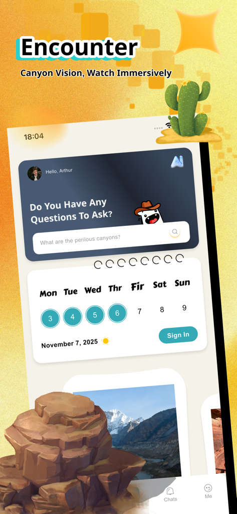 Rift - Live Video Chat & Meet - Interfaz de la aplicación Rift que muestra una barra de búsqueda de preguntas de IA y un calendario de recompensas diarias por registro.