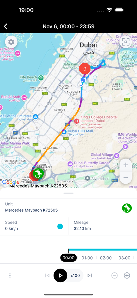 GeckoTrack app interface displaying a vehicle route and mileage on a digital map