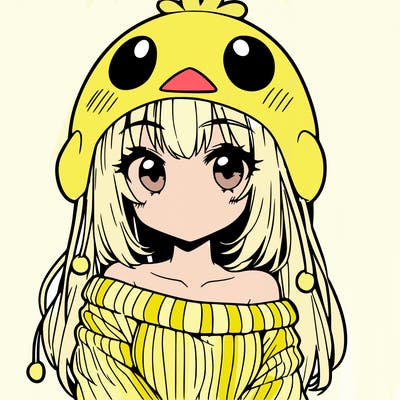 anime girl with chick shaped hat with sweater with bare shoulders with bangs covering them one eye with low tail