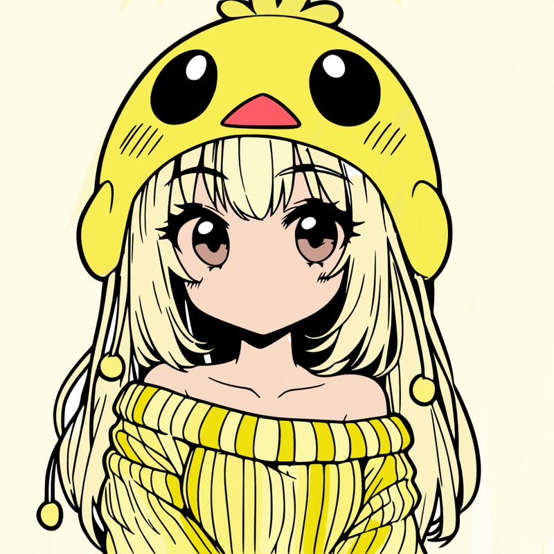 anime girl with chick shaped hat with sweater with bare shoulders with bangs covering them one eye with low tail