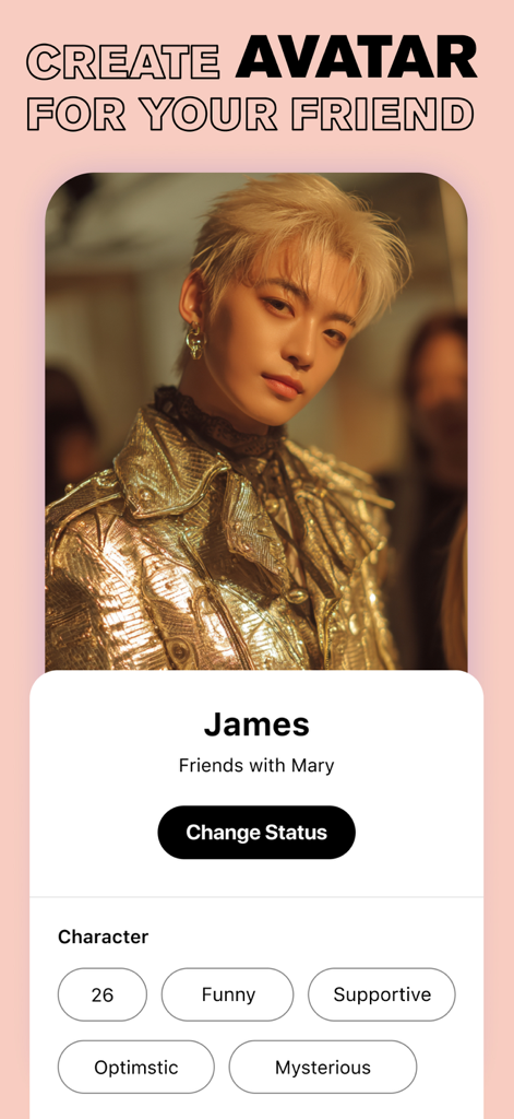 iBoy: AI Companion for Support - Interface of iBoy app for creating and customizing an AI companion avatar with personality traits like funny and supportive
