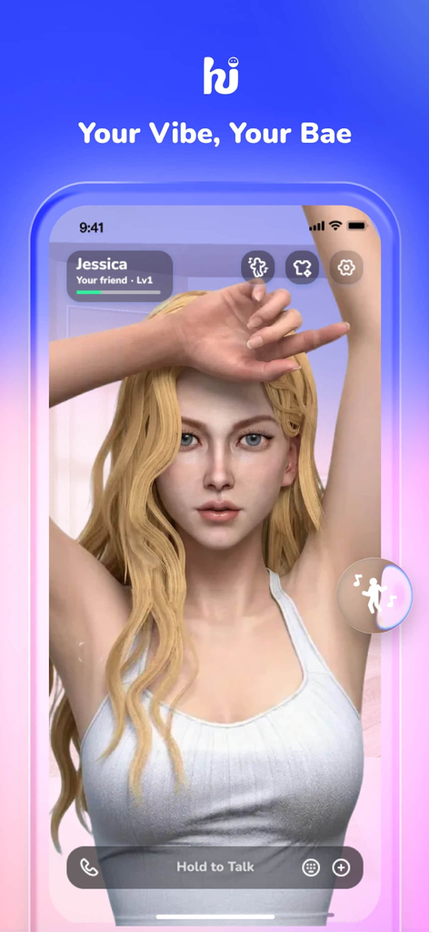 Interface of HiBae app featuring a realistic 3D female AI companion named Jessica