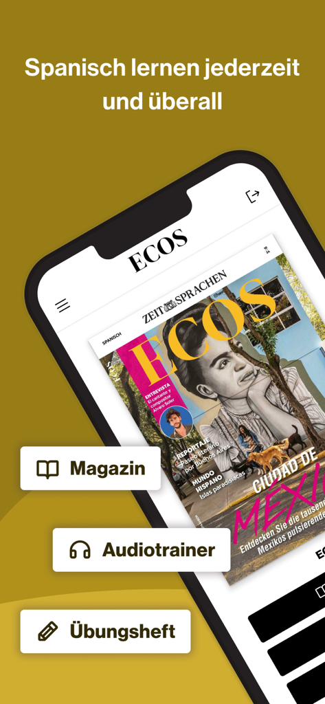ECOS - Spanisch lernen - Interface do aplicativo ECOS para aprendizado de espanhol com opções de revista, treinador de áudio e livro de exercícios