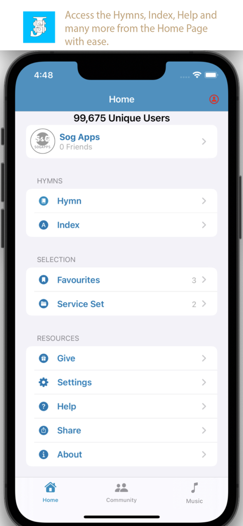 Home screen of the CCCHymns app showing navigation for hymns index favorites and resources