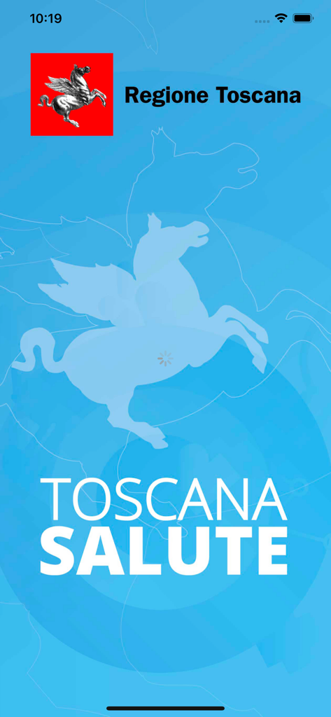 Toscana Salute app splash screen featuring the Pegasus logo of the Tuscany region on a blue background