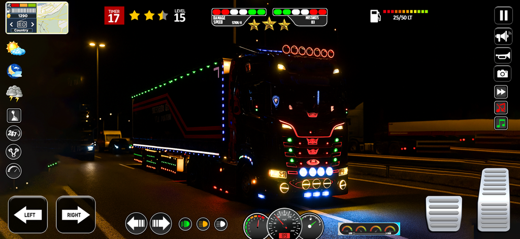 American Truck Cargo Transport - Un gran camión de carga negro con luces de neón de colores conduciendo por una autopista por la noche en un juego simulador de camiones.