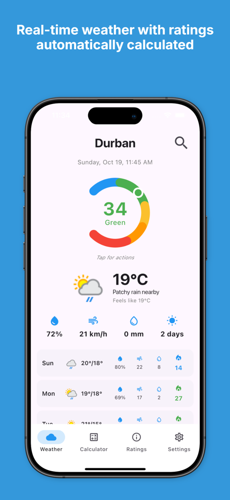Smartphone screen displaying the FDR Calculator app with a color-coded fire danger rating gauge and local weather information
