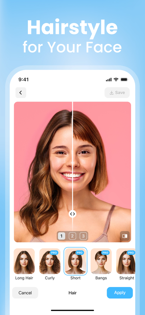Hair AI: Hairstyle Filter, Cut - Vista a schermo diviso che confronta un'acconciatura lunga e ondulata e un taglio corto a caschetto usando un'app AI
