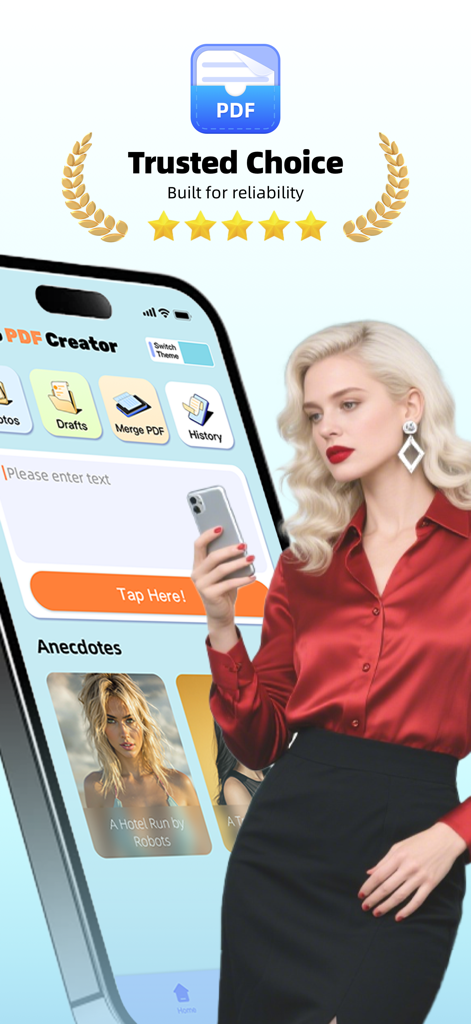 Tarbo PDF Creator app interface on a smartphone featuring a Trusted Choice seal and a professional woman.